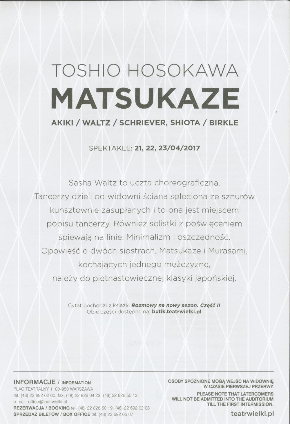 Wkładka obsadowa „Matsukaze” Toshio Hosokawa / Sasha Waltz 2017-04-21, 22, 23