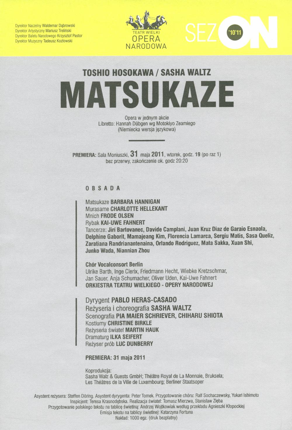 Wkładka premierowa „Matsukaze” Toshio Hosokawa, Sasha Waltz 31-05-2011