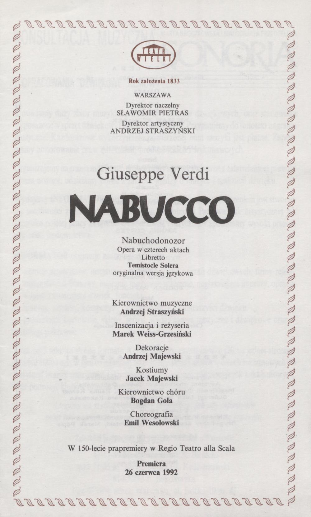 Wkładka premierowa „Nabucco” Giuseppe Verdi 26-06-1992