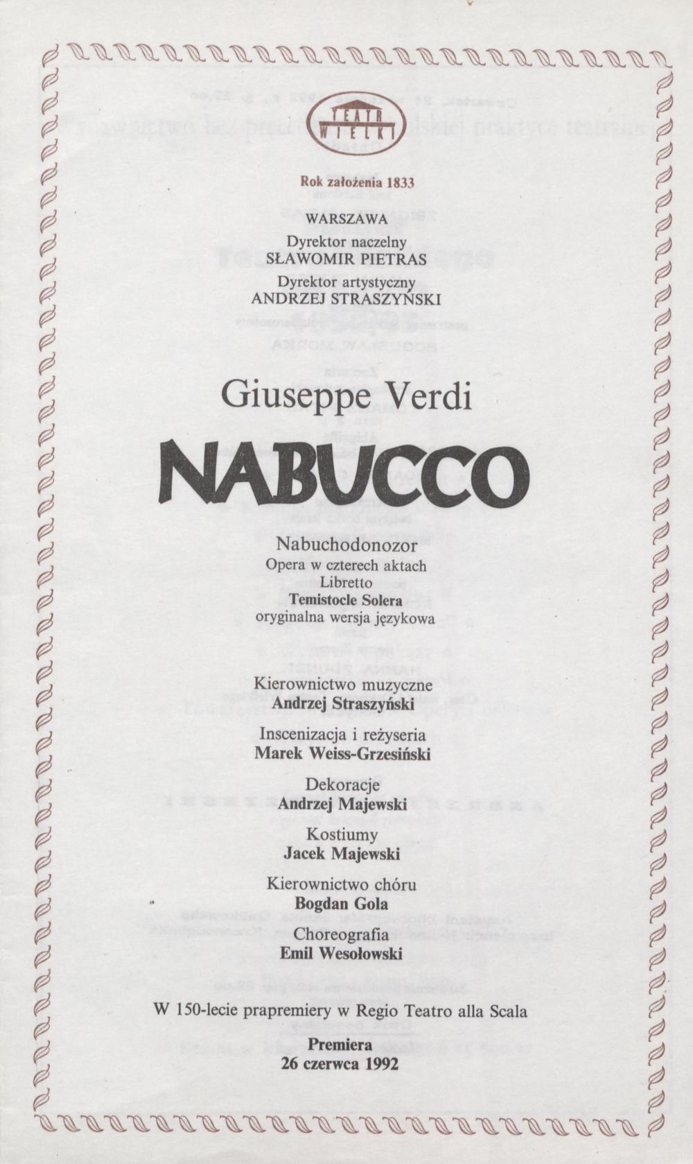 Wkładka obsadowa „Nabucco” Giuseppe Verdi 24-09-1992