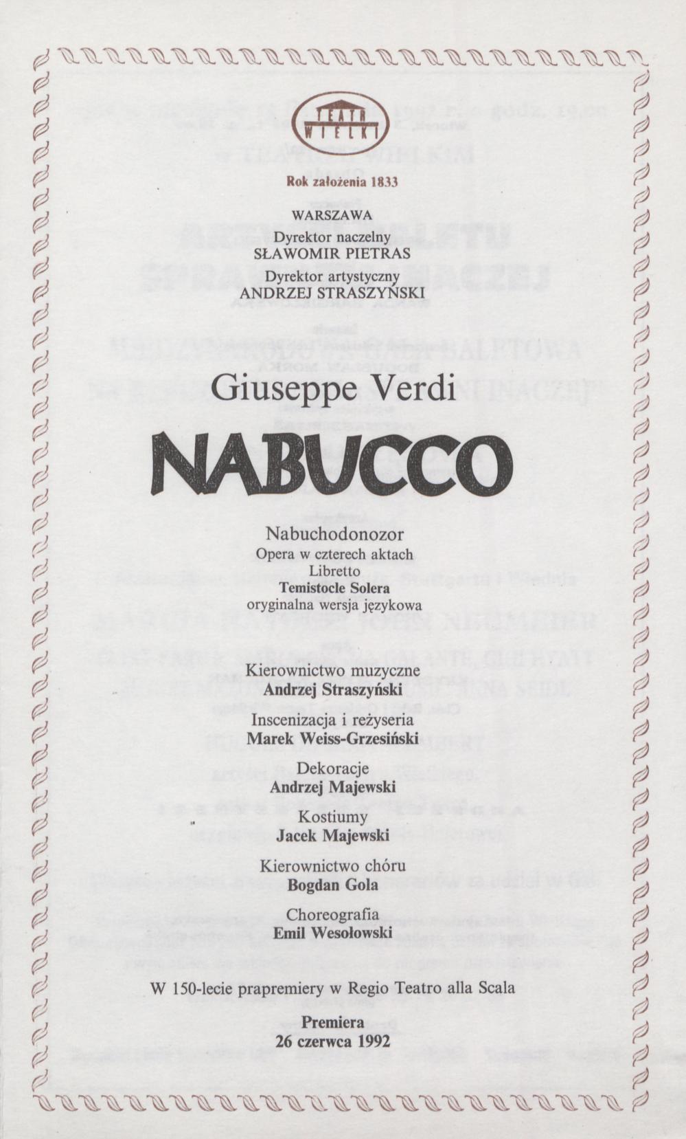 Wkładka obsadowa „Nabucco” Giuseppe Verdi 03-11-1992