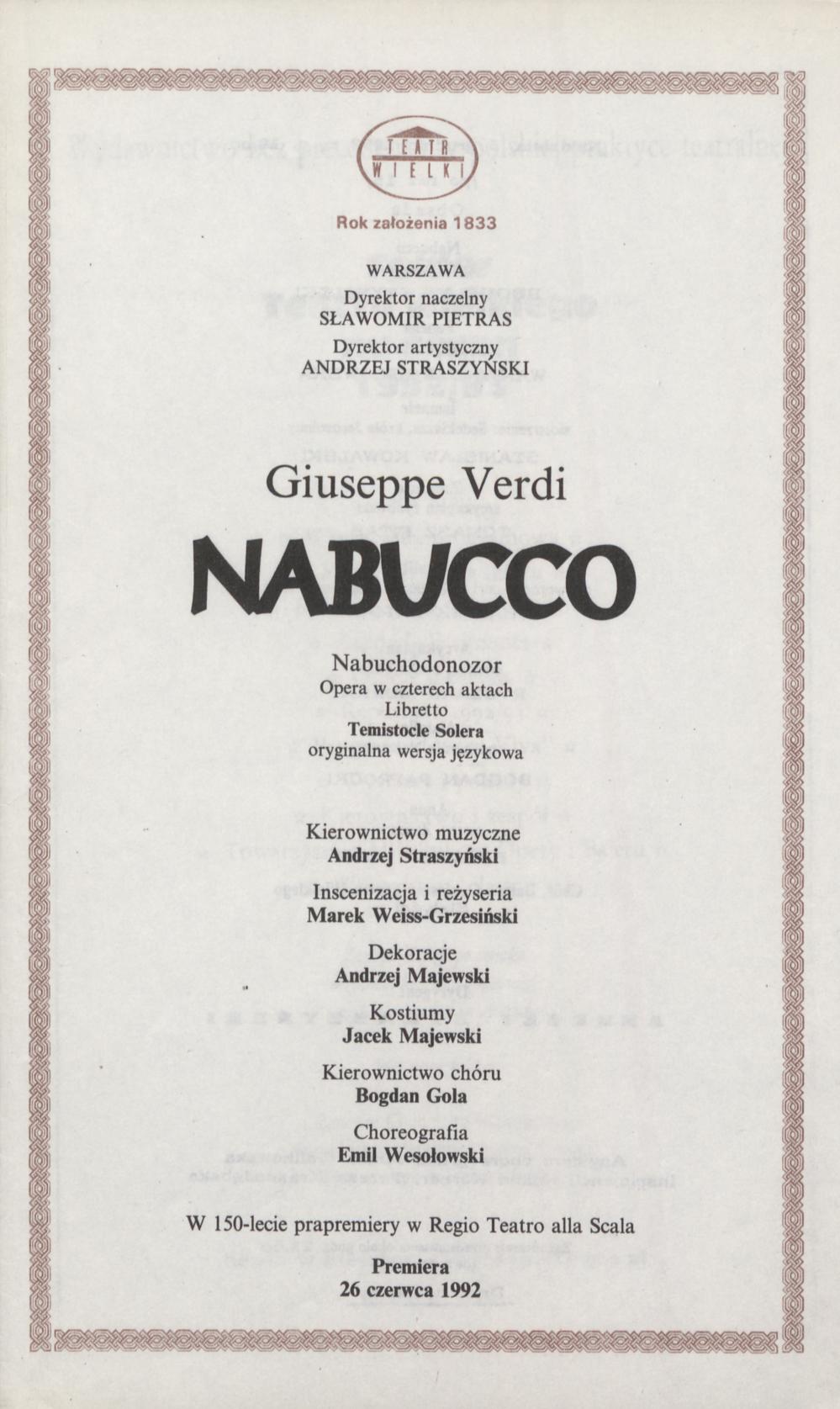 Wkładka obsadowa „Nabucco” Giuseppe Verdi 6-12-1992