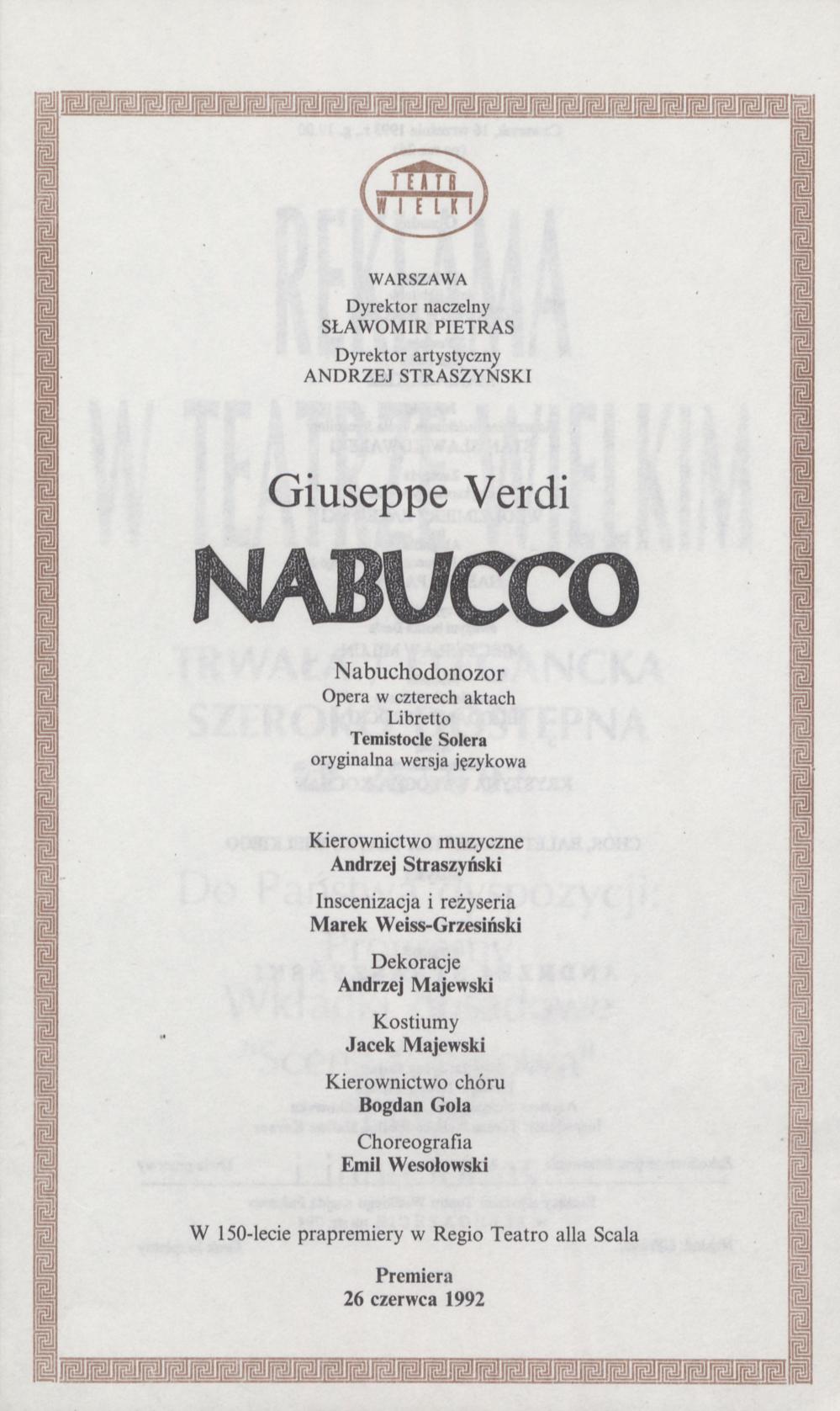 Wkładka obsadowa „Nabucco” Giuseppe Verdi 16-09-1993