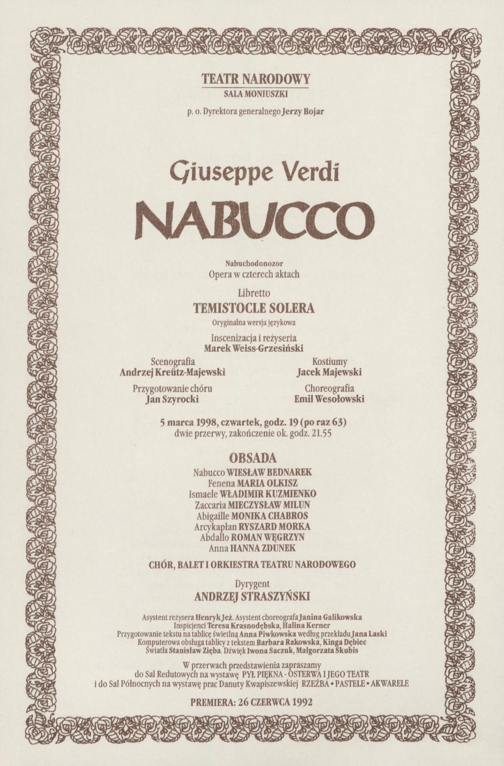 Wkładka obsadowa „Nabucco” Giuseppe Verdi 5-03-1998