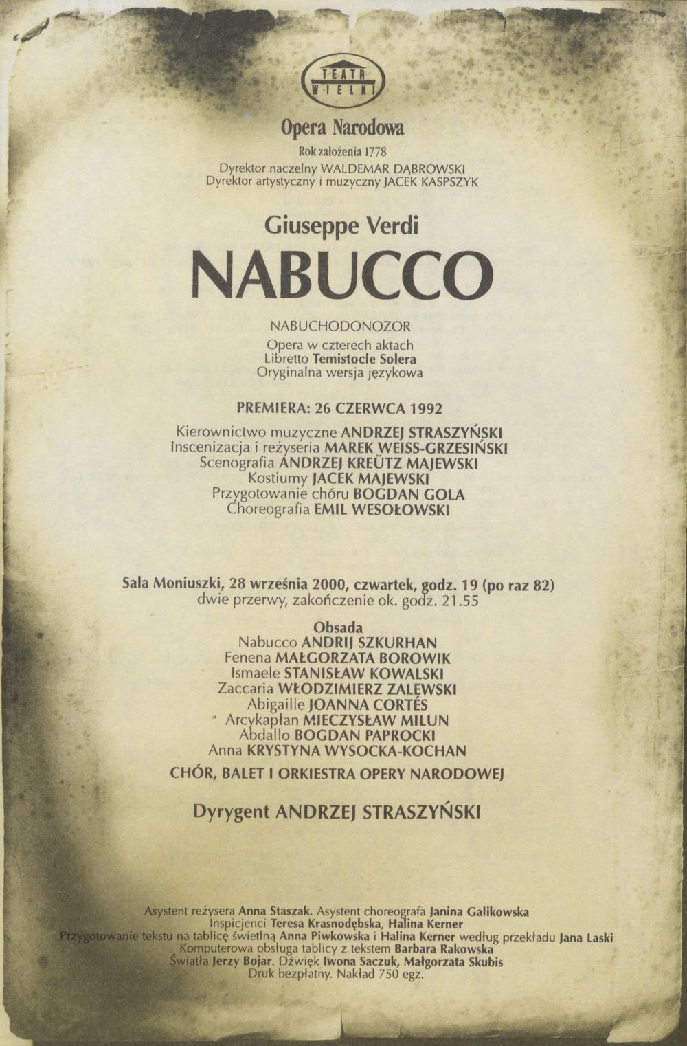 Wkładka obsadowa „Nabucco” Giuseppe Verdi 28-09-2000