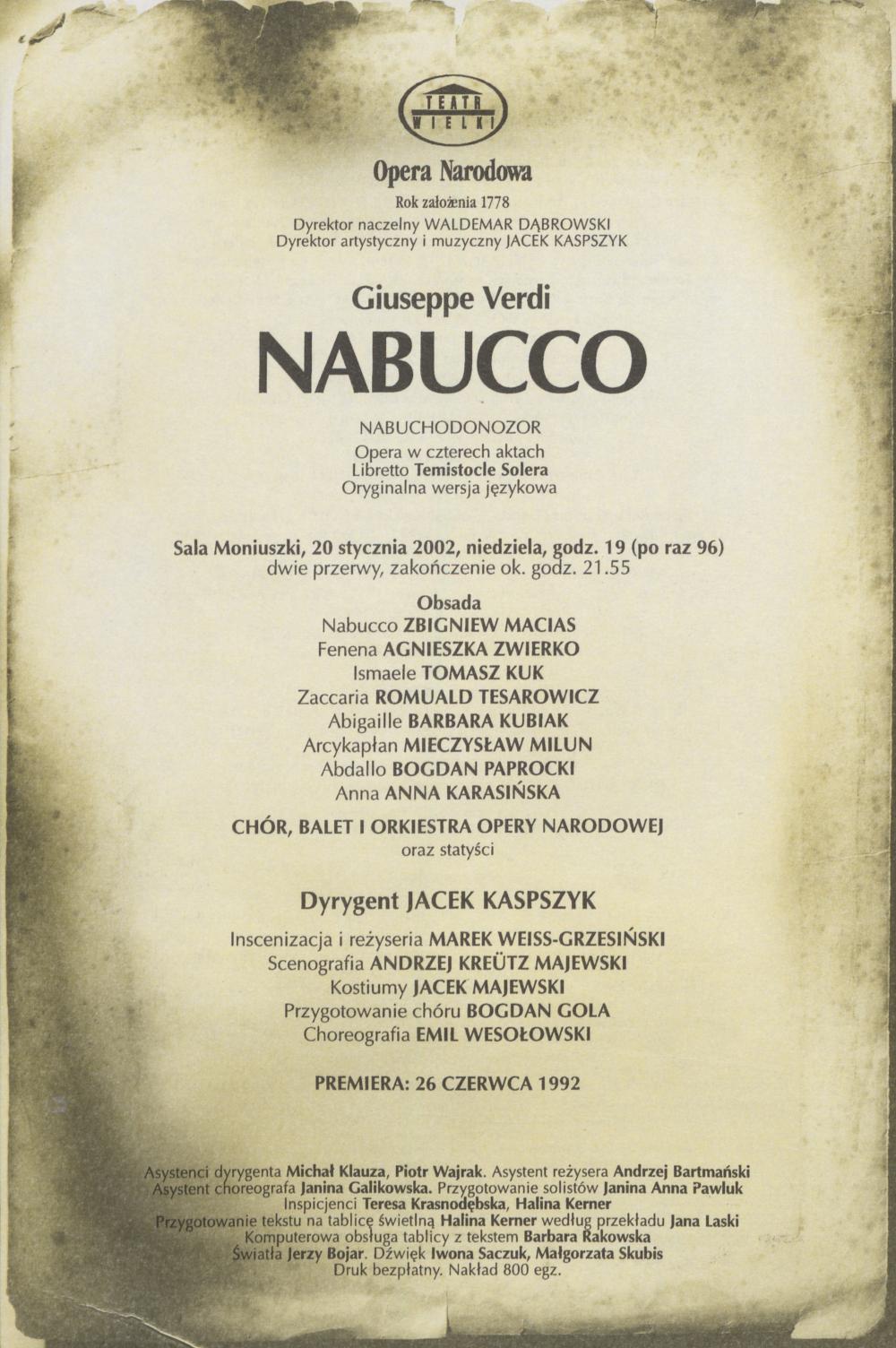 Wkładka obsadowa „Nabucco” Giuseppe Verdi 20-01-2002