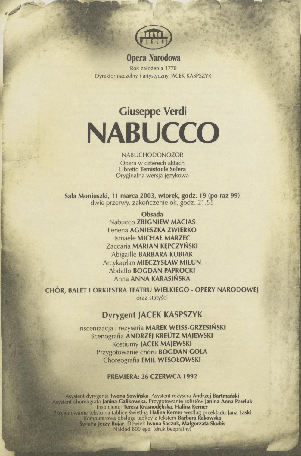 Wkładka obsadowa „Nabucco” Giuseppe Verdi 11-03-2003