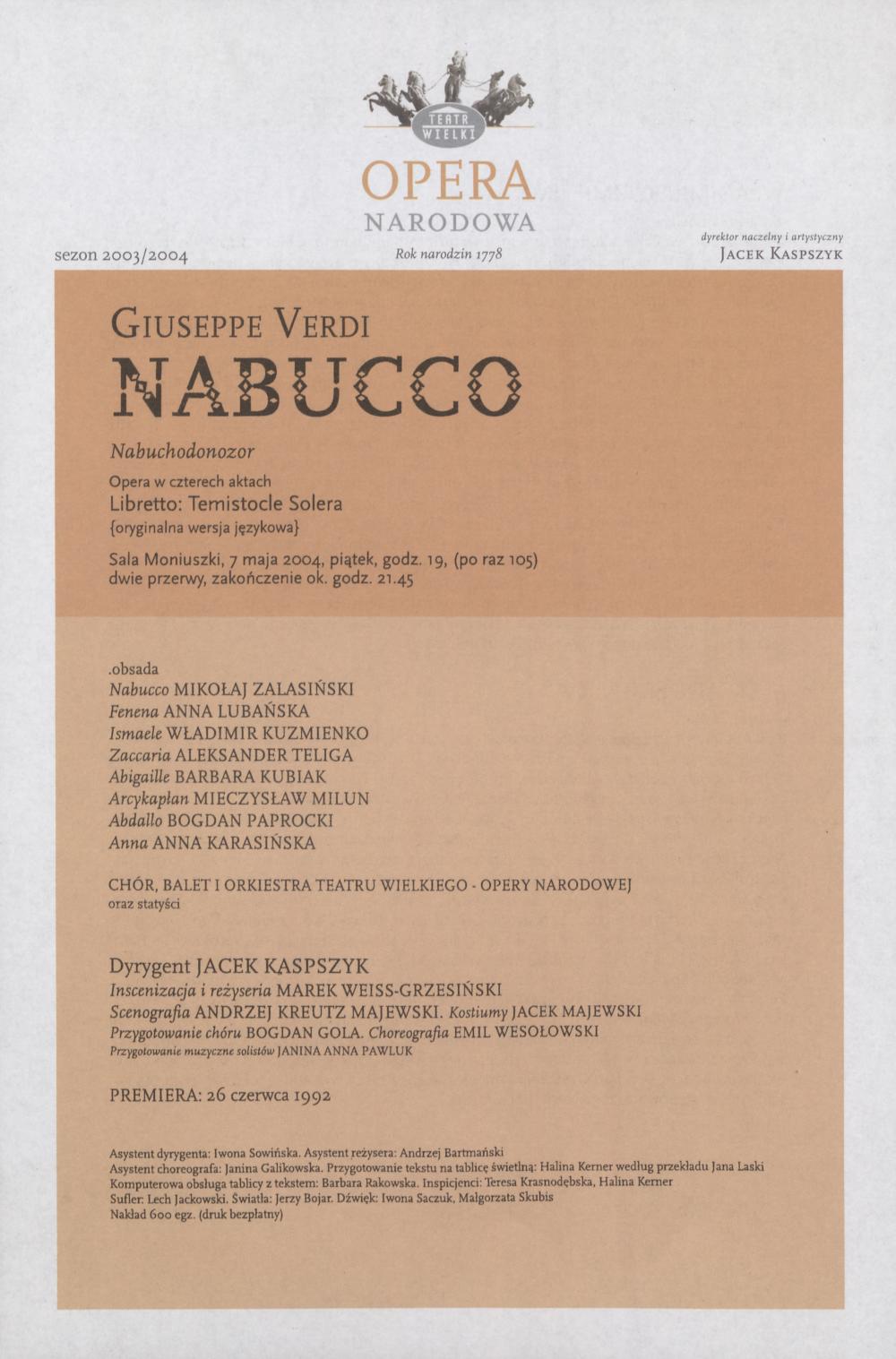 Wkładka obsadowa „Nabucco” Giuseppe Verdi 7-05-2004