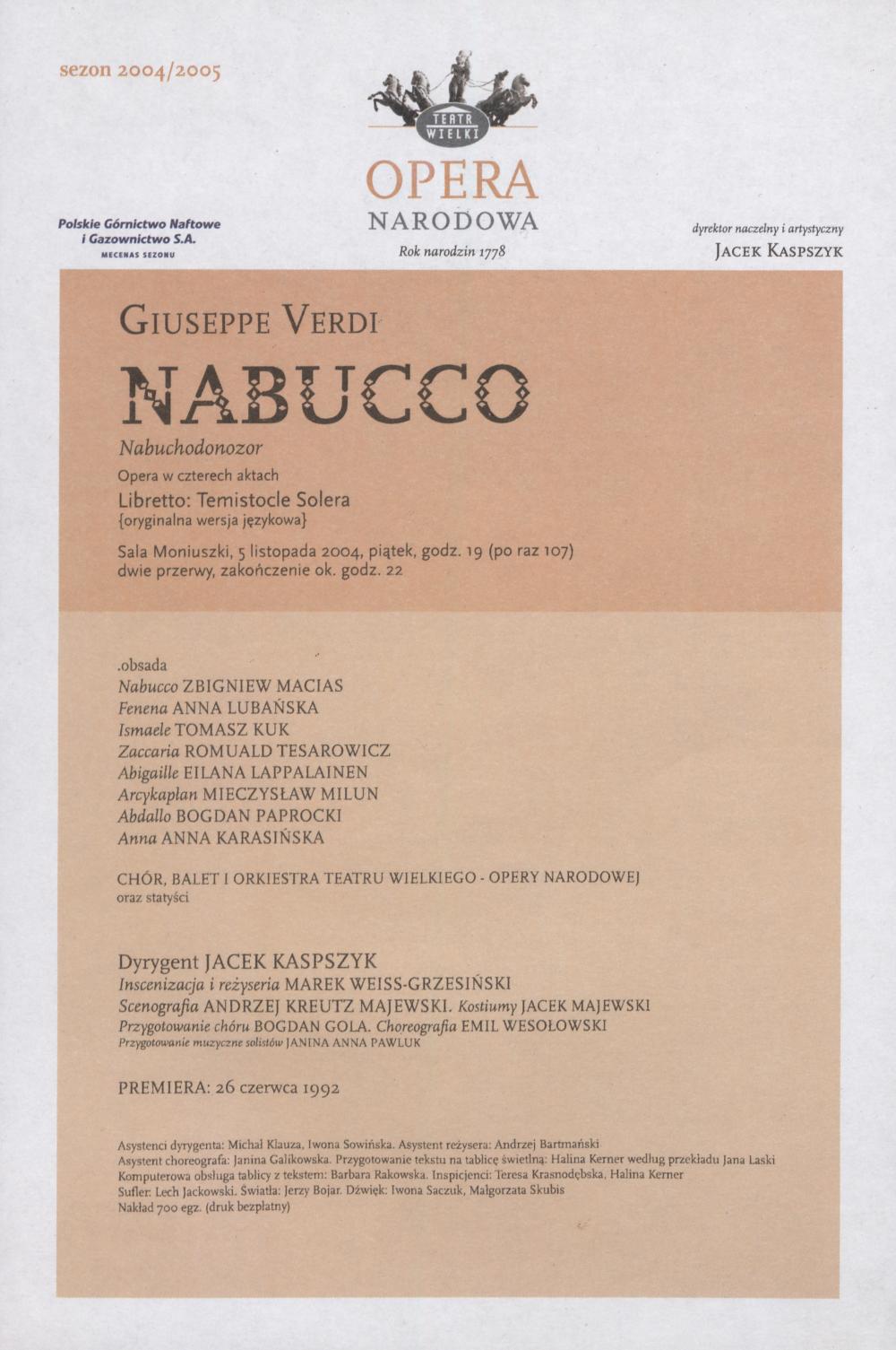 Wkładka obsadowa „Nabucco” Giuseppe Verdi 5-11-2004