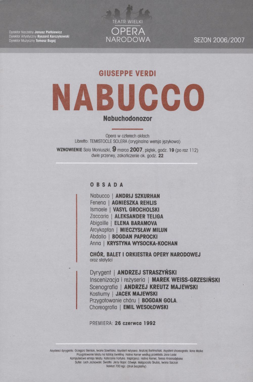 Wkładka obsadowa „Nabucco” Giuseppe Verdi 9-03-2007