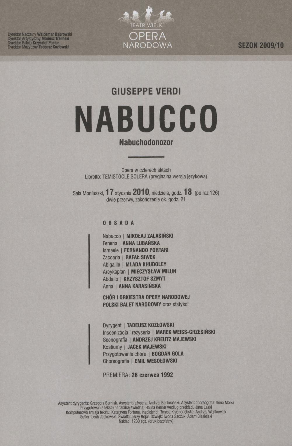 Wkładka obsadowa „Nabucco” Giuseppe Verdi 17-01-2010