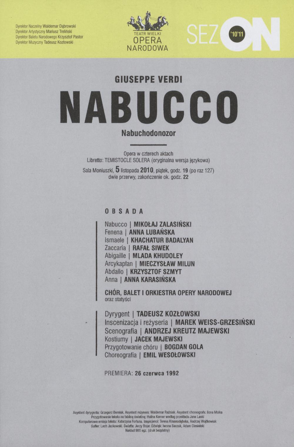 Wkładka obsadowa „Nabucco” Giuseppe Verdi 5-11-2010