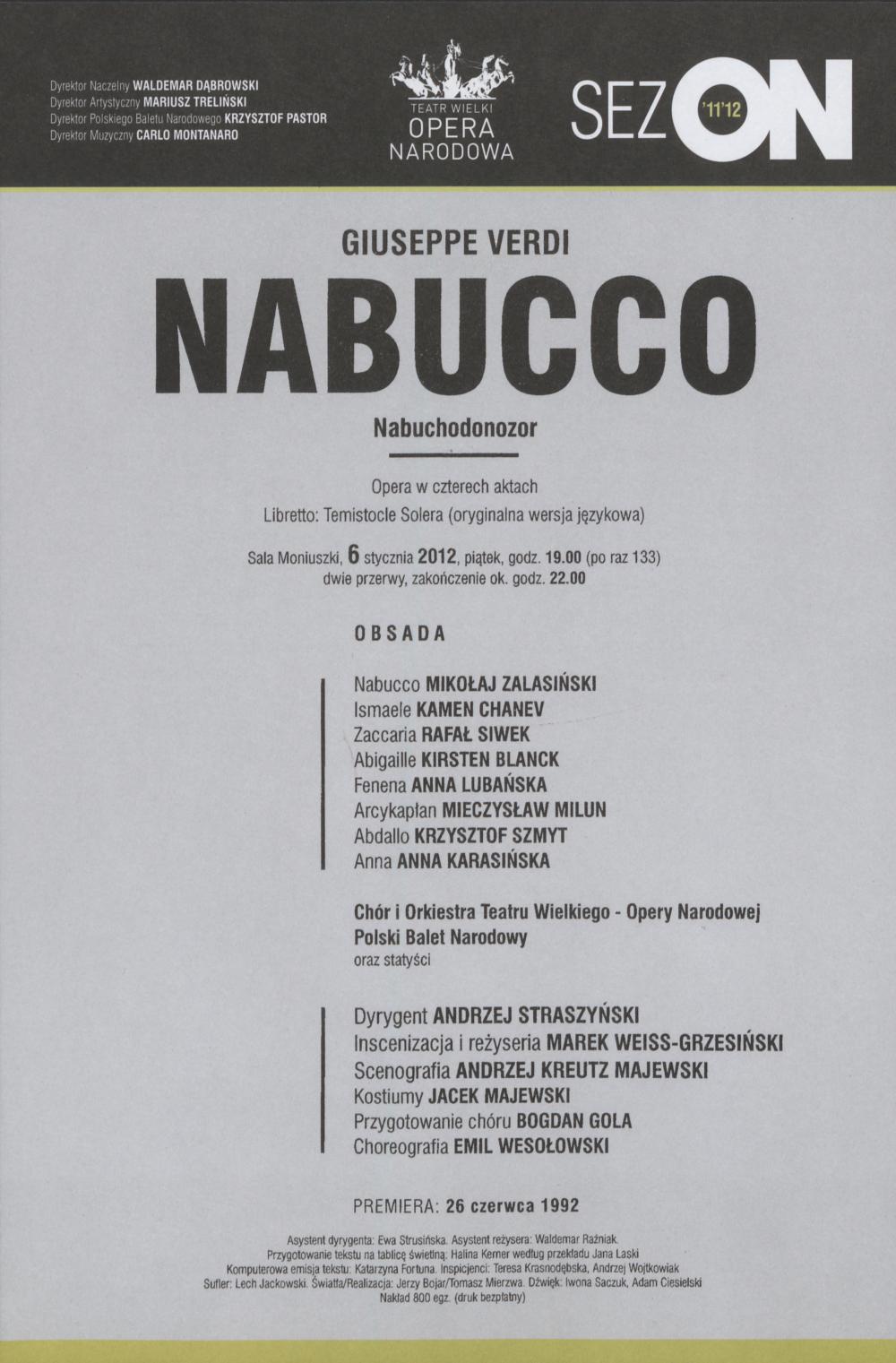 Wkładka obsadowa „Nabucco” Giuseppe Verdi 6-01-2012
