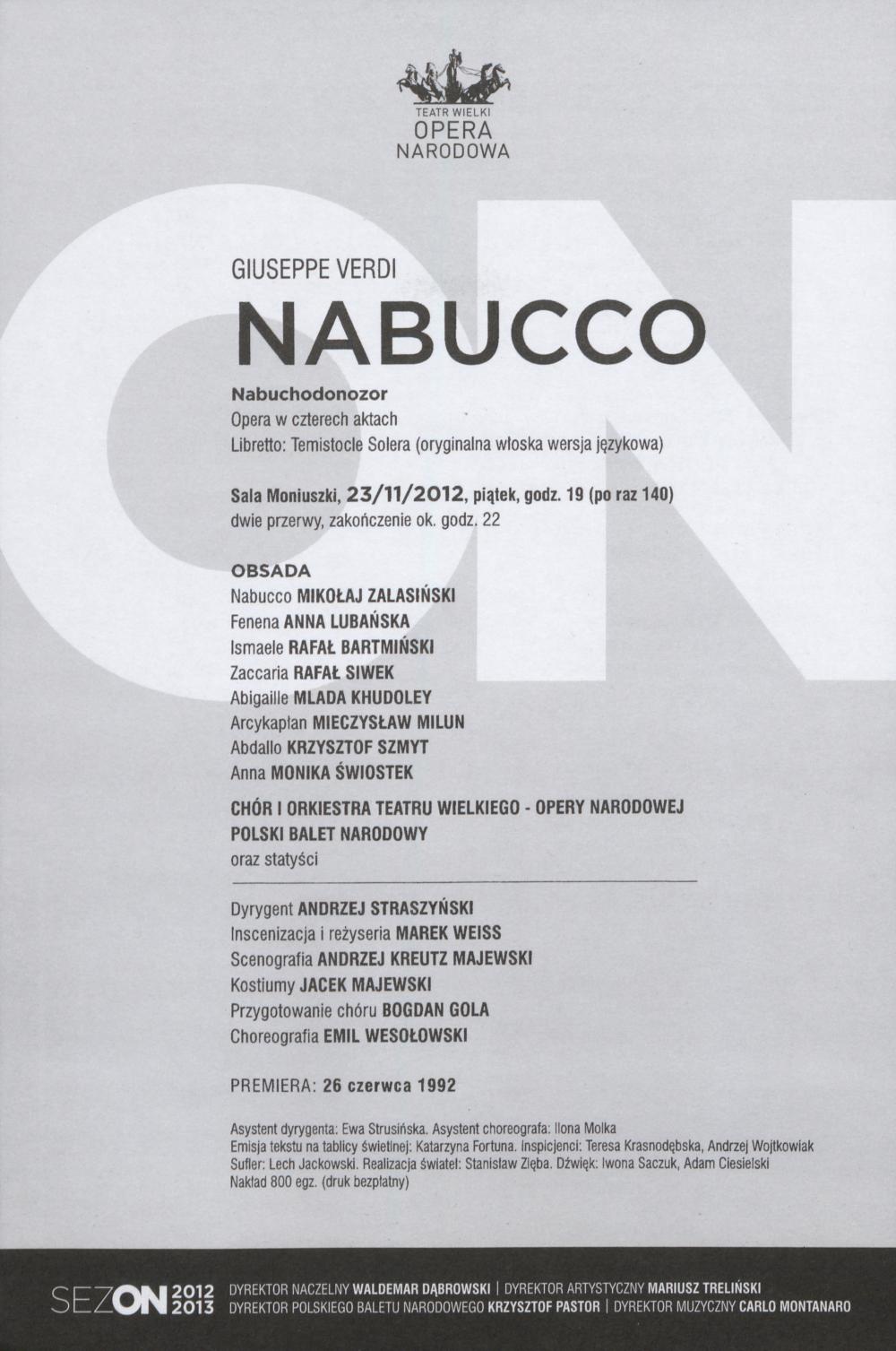 Wkładka obsadowa „Nabucco” Giuseppe Verdi 23-11-2012