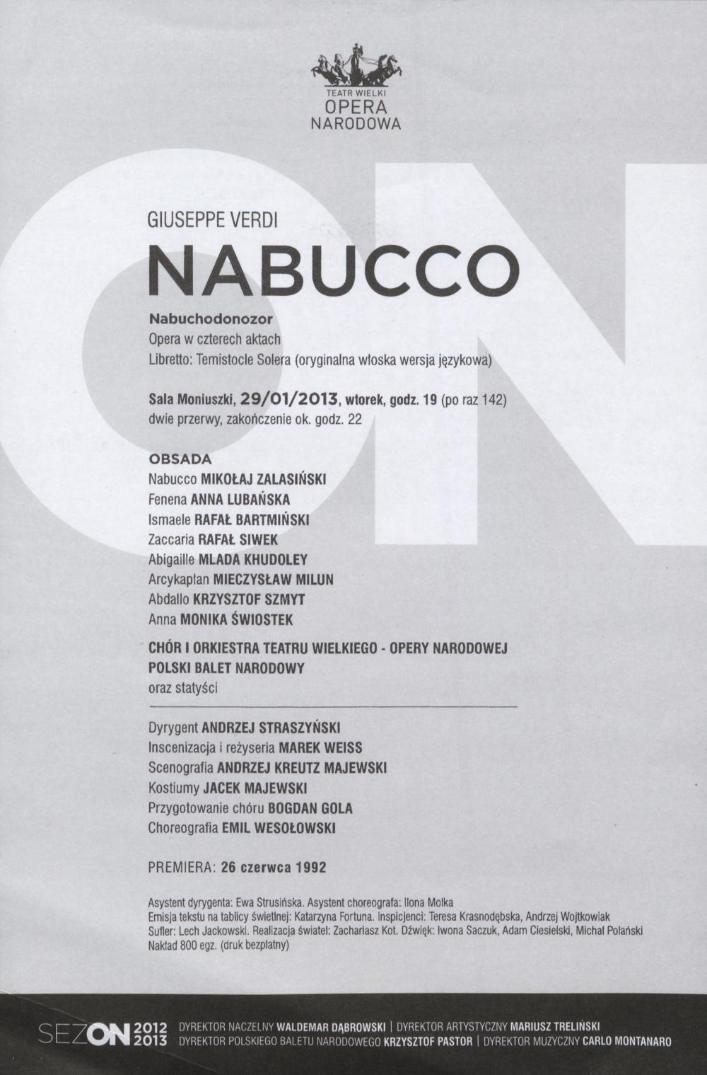 Wkładka obsadowa „Nabucco” Giuseppe Verdi 29-01-2013