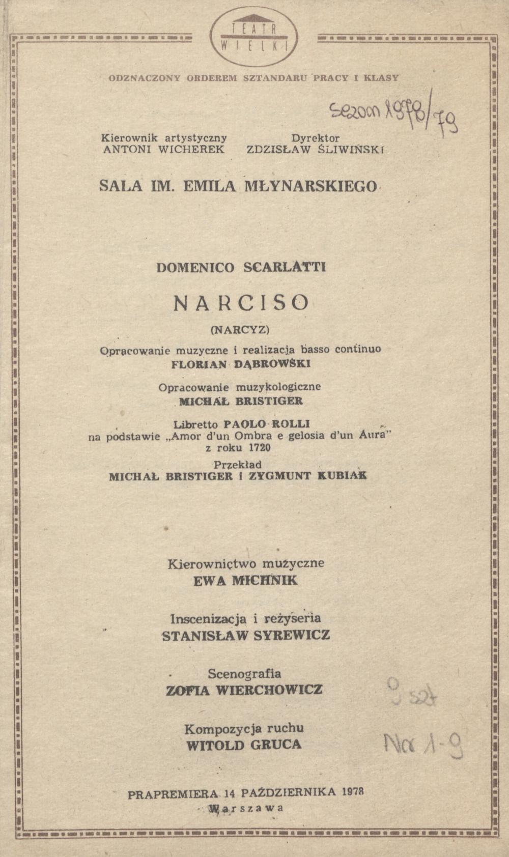 Wkładka premierowa „Narciso” Domenico Scarlatti 14-10-1978