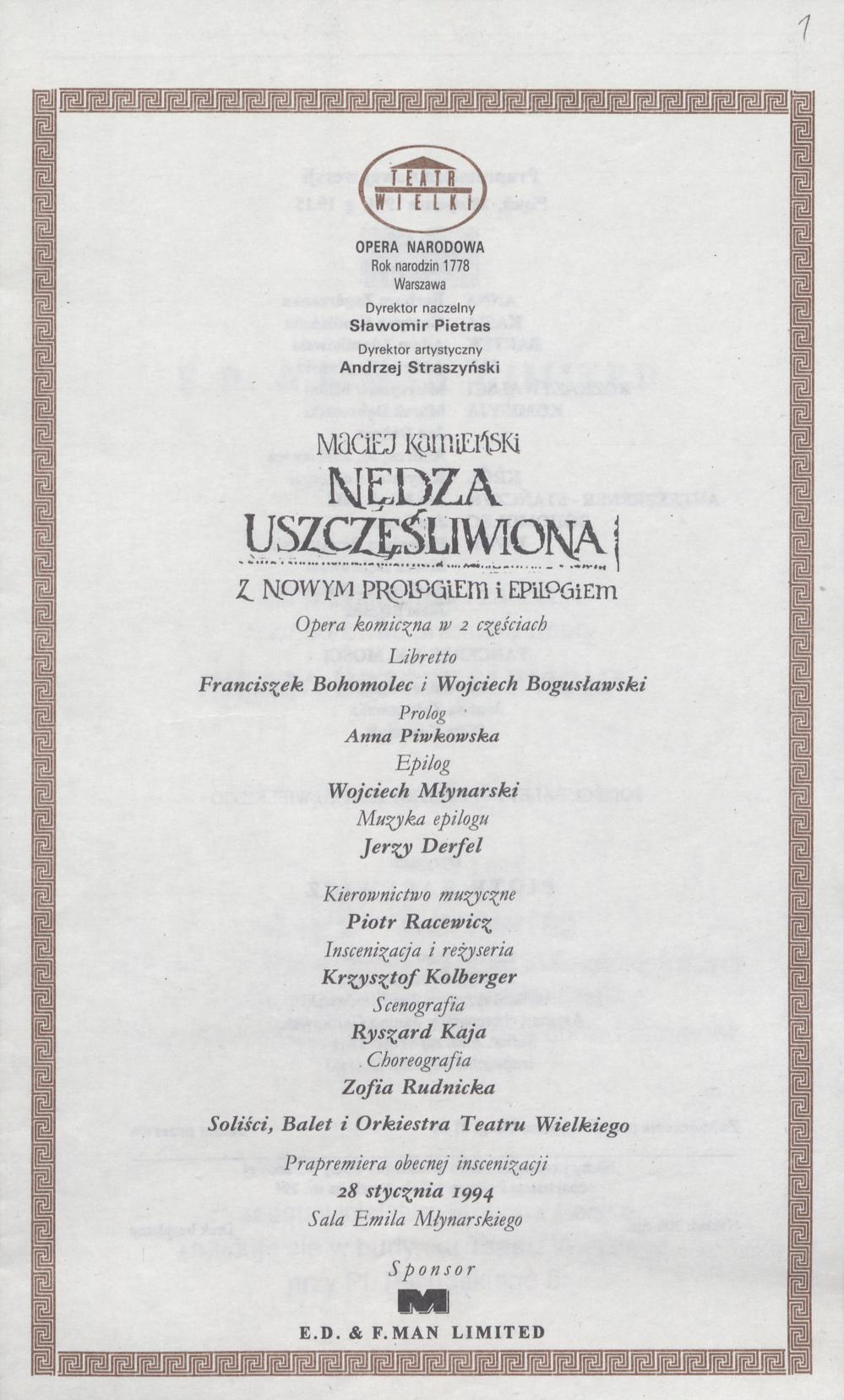 Wkładka obsadowa „Nędza uszczęśliwiona” Maciej Kamieński 28-01-1994