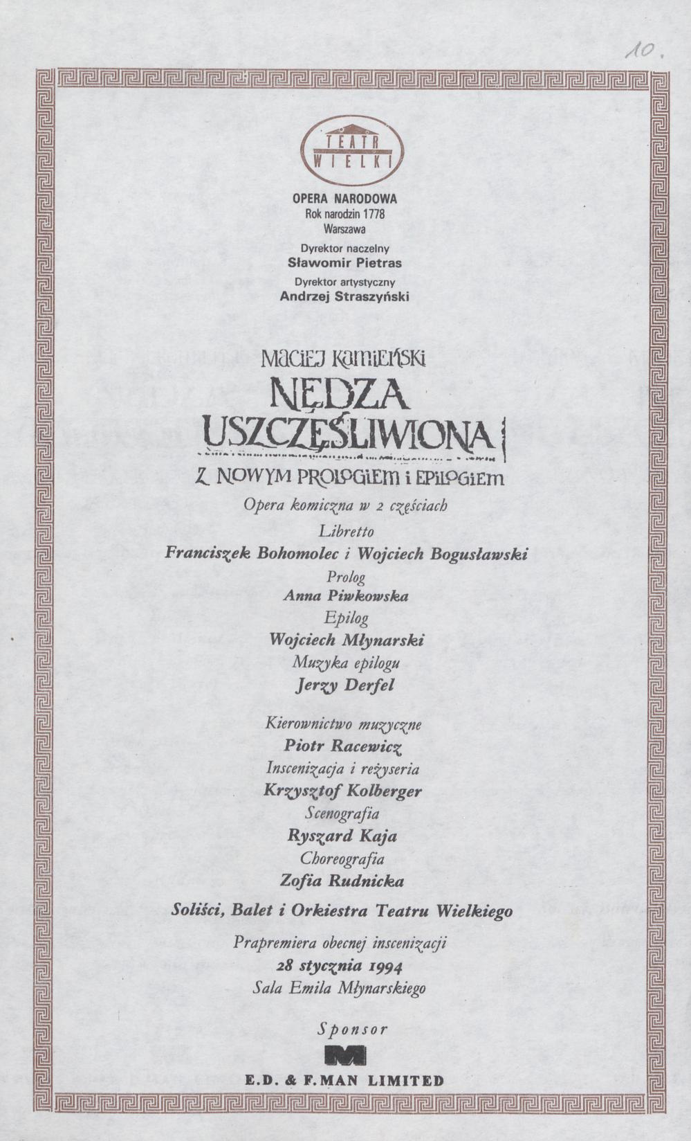 Wkładka obsadowa „Nędza uszczęśliwiona” Maciej Kamieński 29-04-1994