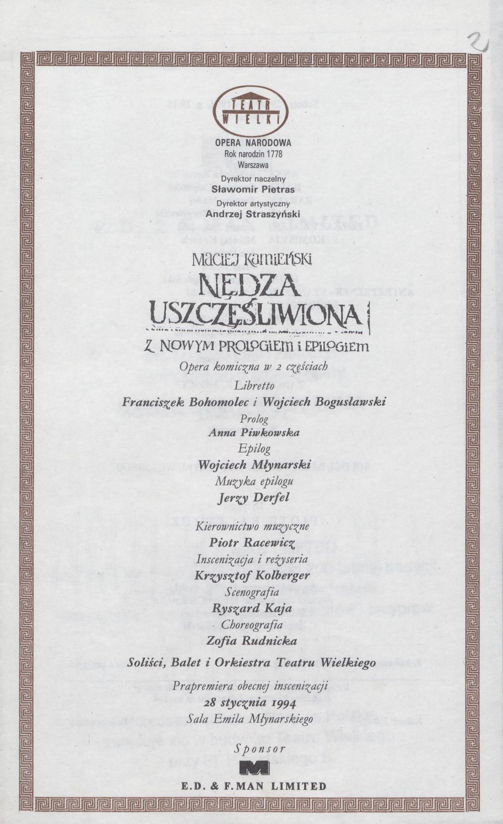 Wkładka obsadowa „Nędza uszczęśliwiona” Maciej Kamieński 29-01-1994