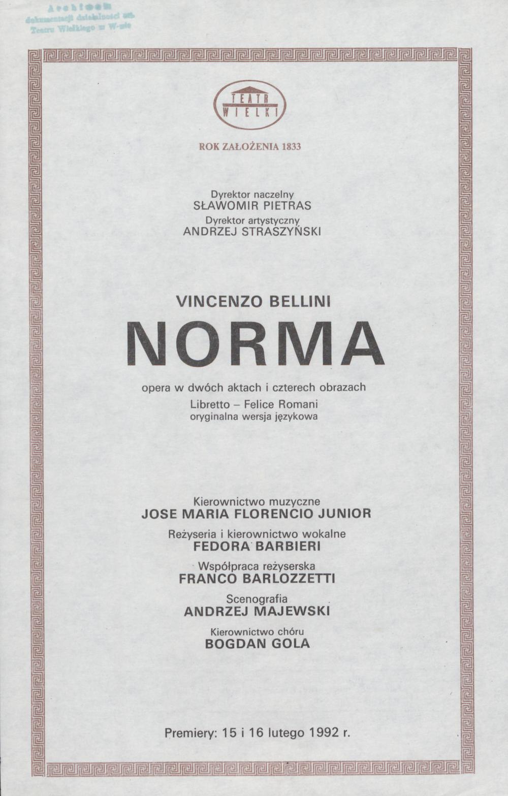 Wkładka obsadowa „Norma” Vincenzo Bellini 15-02-1992