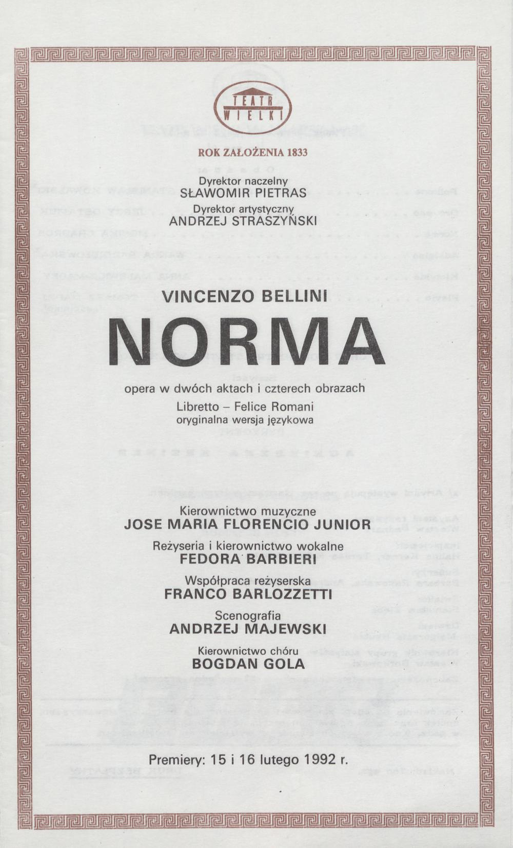 Wkładka obsadowa „Norma” Vincenzo Bellini 03-04-1992