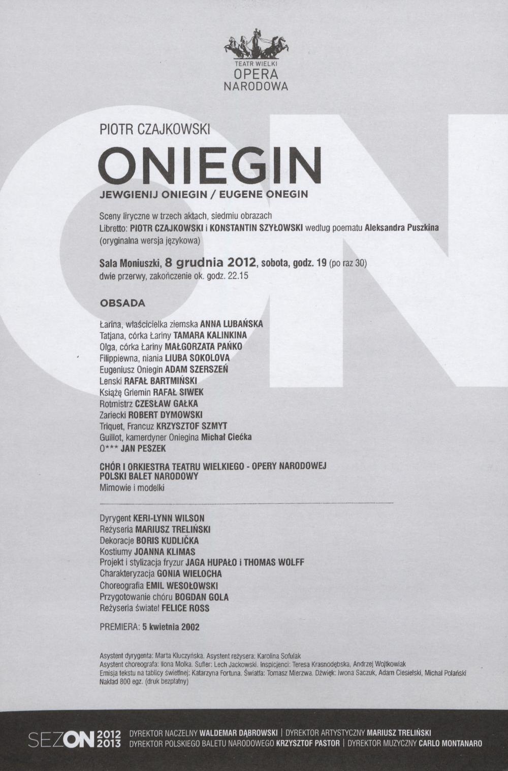 Wkładka obsadowa „Oniegin” Piotr Czajkowski 08-12-2012