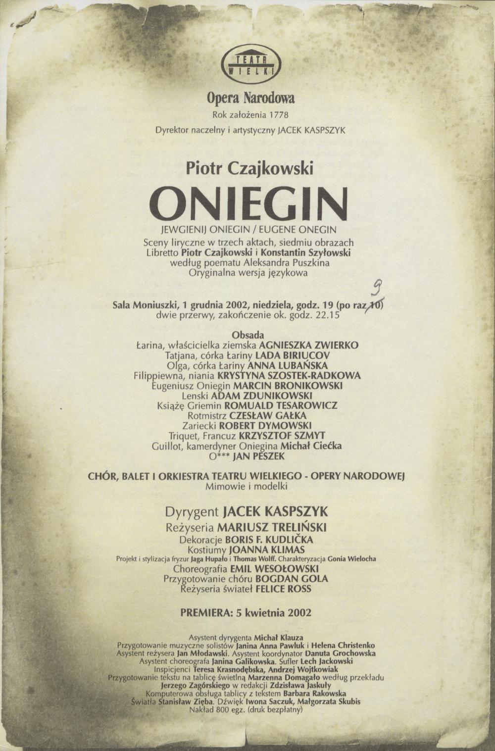 Wkładka obsadowa „Oniegin” Piotr Czajkowski 01-12-2002
