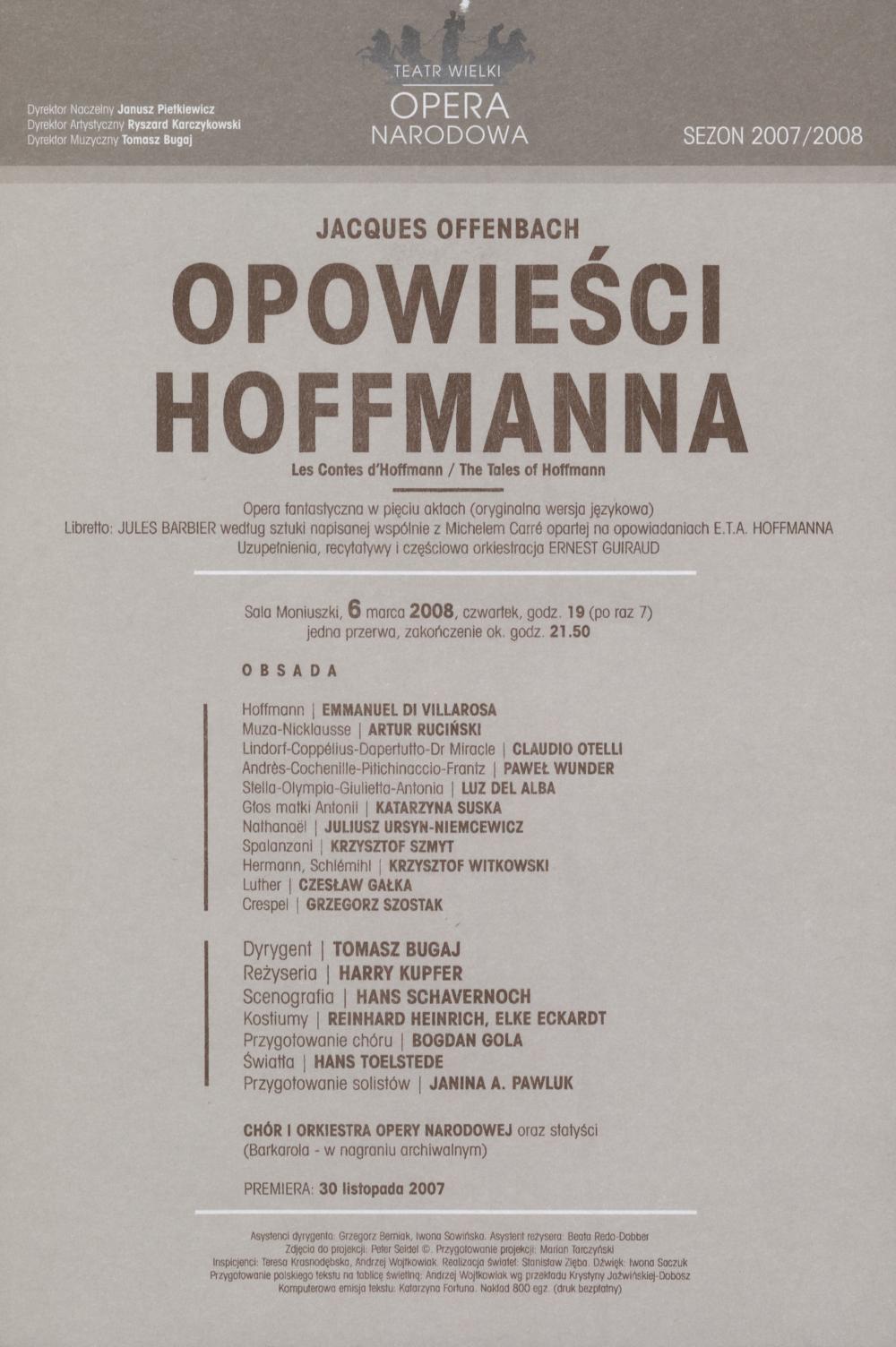 Wkładka obsadowa „Opowieści Hoffmanna” Jakub Offenbach 6-03-2008