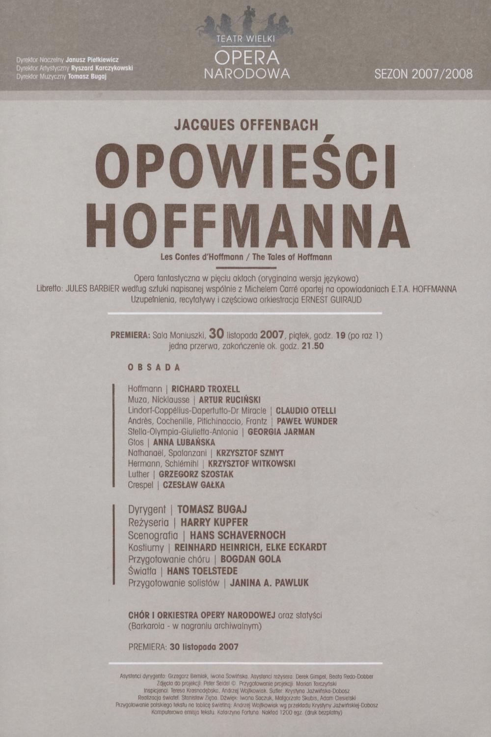 Wkładka premierowa „Opowieści Hoffmanna” Jakub Offenbach 30-11-2007