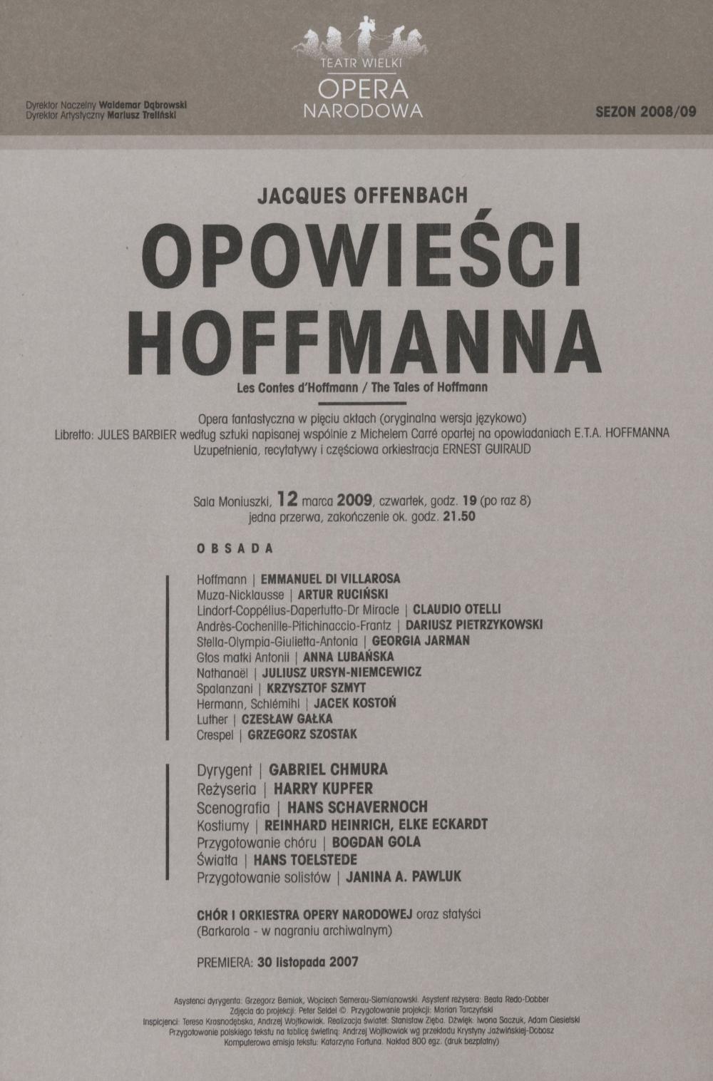 Wkładka obsadowa „Opowieści Hoffmanna” Jakub Offenbach 12-03-2009