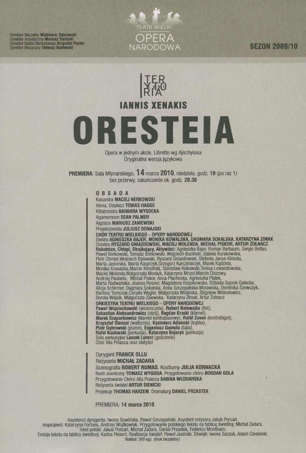 Wkładka premierowa „Oresteia” Iannis Xenakis 14-03-2010