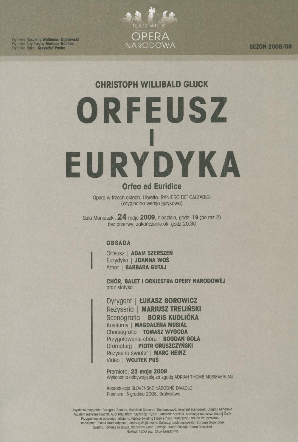Wkładka obsadowa „Orfeusz i Eurydyka” Christoph Willibald Gluck 24-05-2009