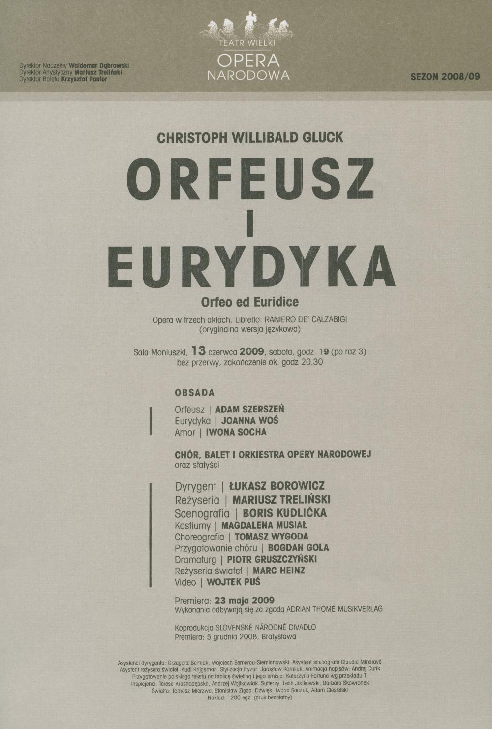 Wkładka obsadowa „Orfeusz i Eurydyka” Christoph Willibald Gluck 13-06-2009