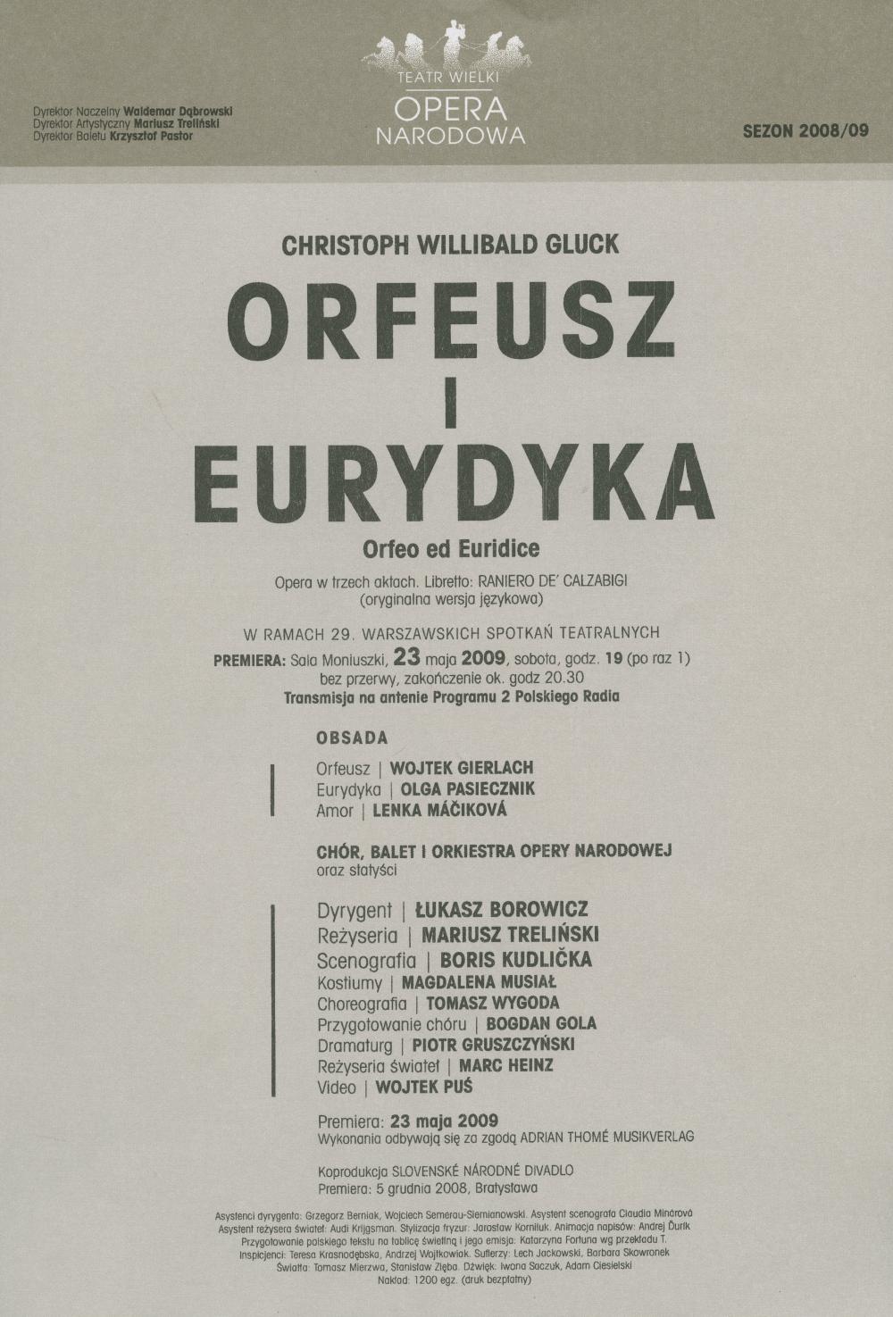 Wkładka premierowa „Orfeusz i Eurydyka” Christoph Willibald Gluck 23-05-2009