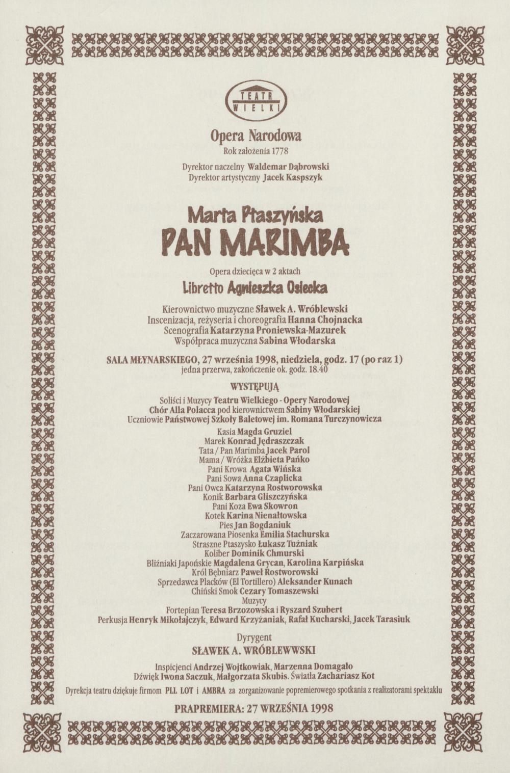 Wkładka Obsadowa „Pan Marimba” Marta Ptaszyńska 27-09-1998