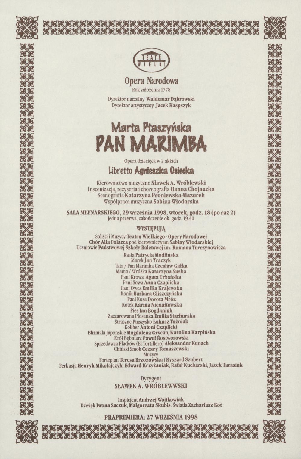 Wkładka Obsadowa „Pan Marimba” Marta Ptaszyńska 29-09-1998