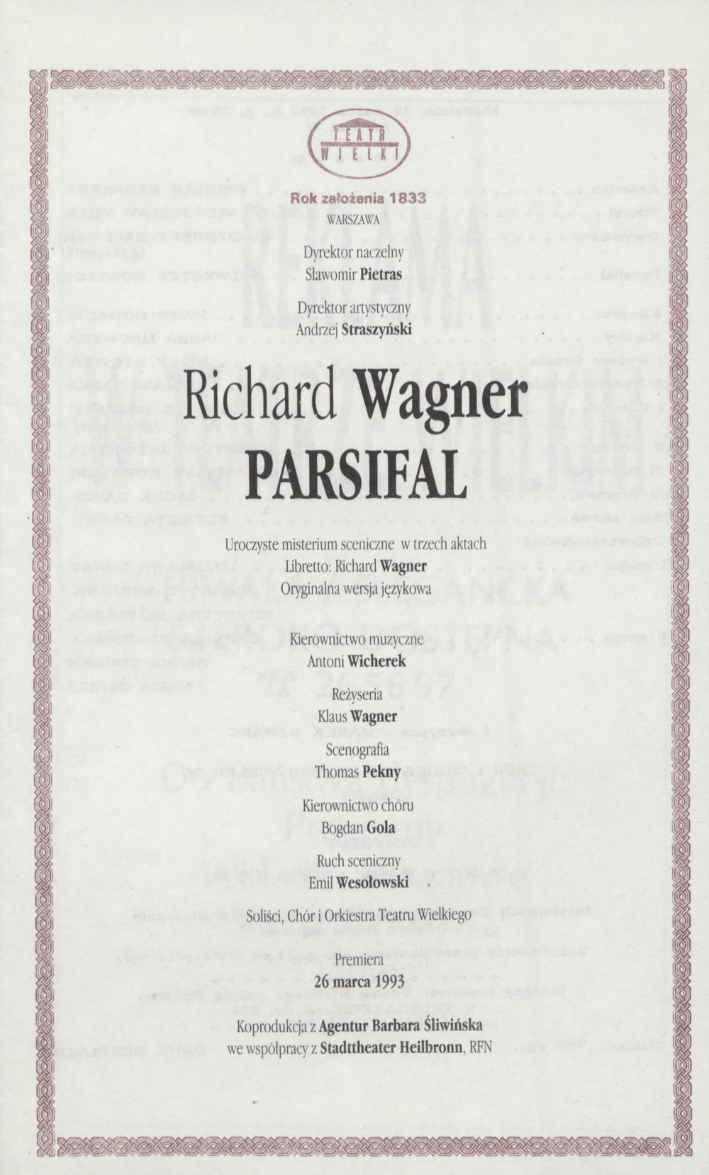 Wkładka obsadowa „Parsifal” Richard Wagner 28-03-1993