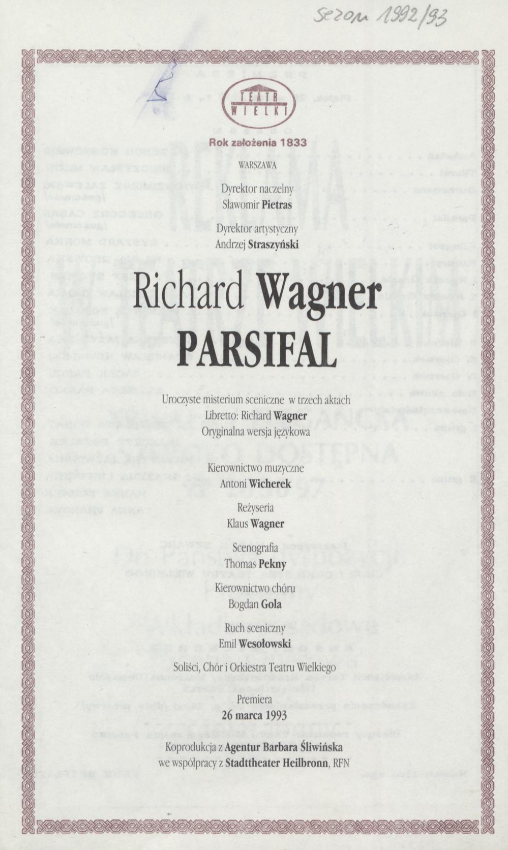 Wkładka premierowa „Parsifal” Richard Wagner 26-03-1993