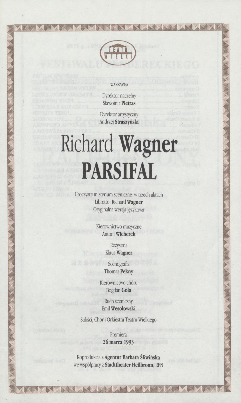 Wkładka obsadowa „Parsifal” Richard Wagner 24-10-1993
