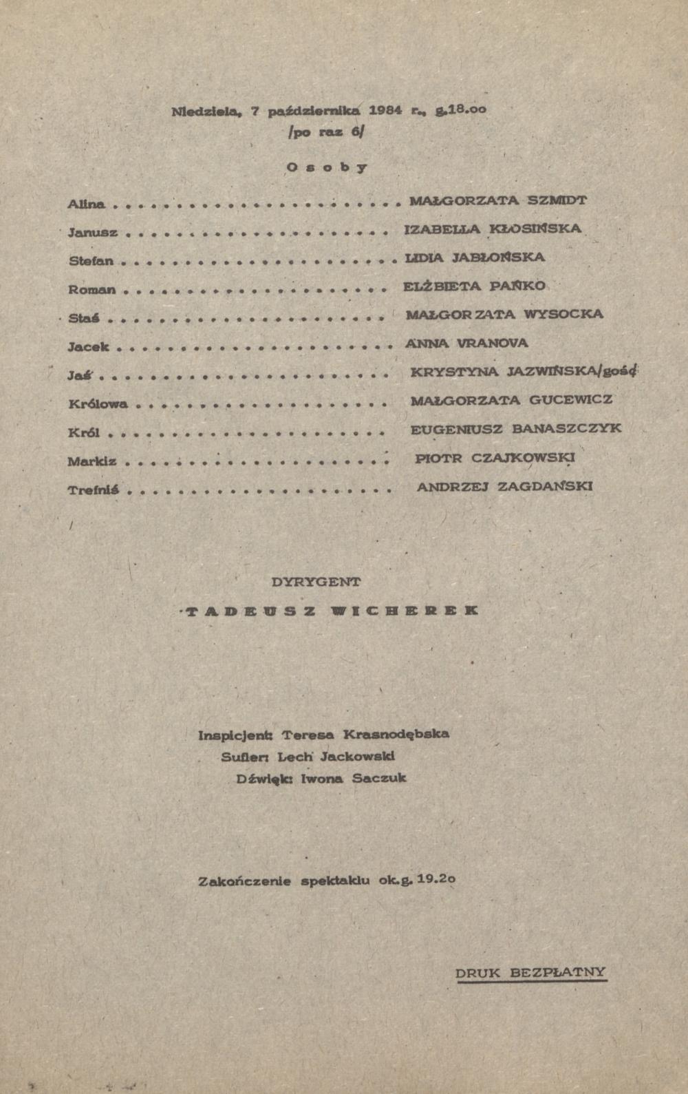 Wkładka Obsadowa „Paziowie Królowej Marysieńki”. Stanisław Duniecki 07-10-1984