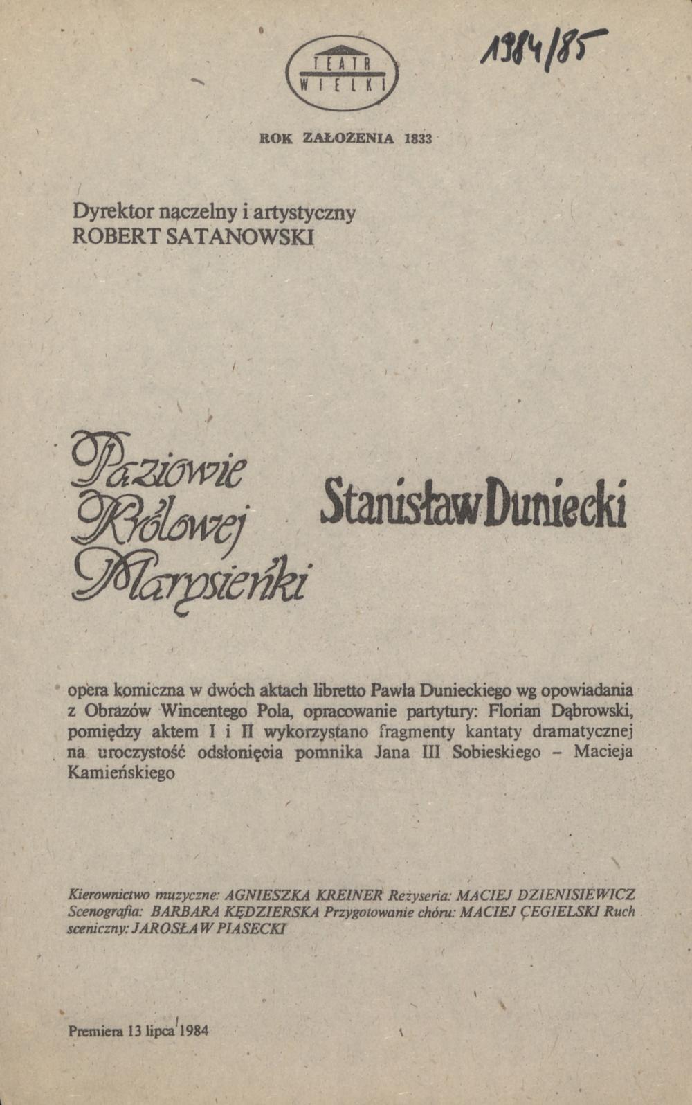 Wkładka Obsadowa „Paziowie Królowej Marysieńki” Stanisław Duniecki 24-03-1985
