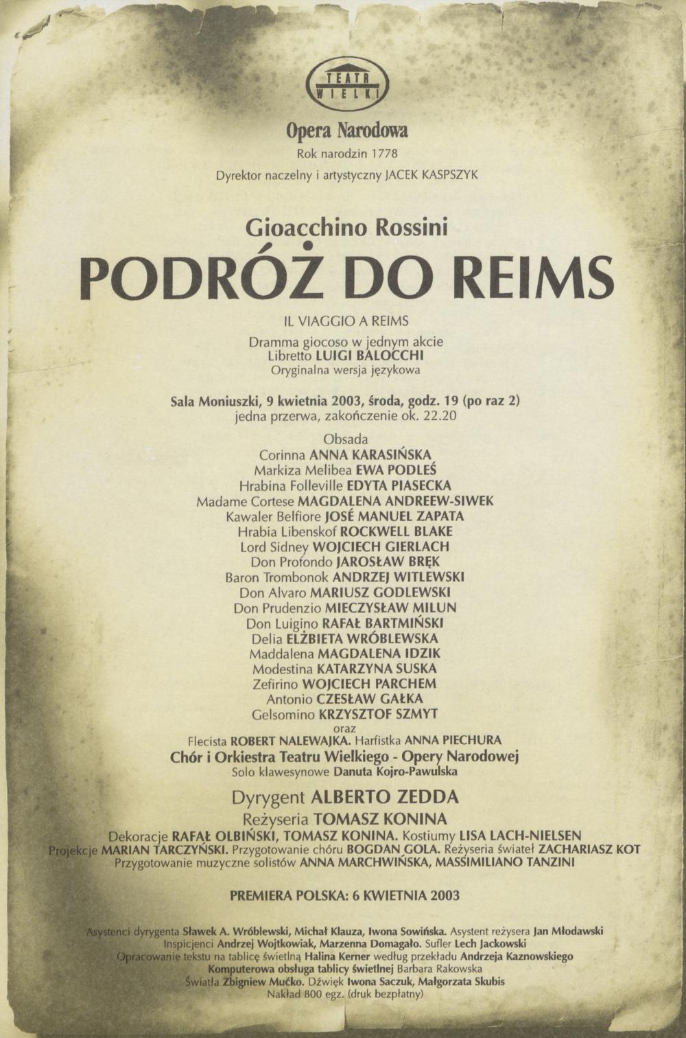 Wkładka obsadowa „Podróż do Reims” Gioacchino Rossini 09-04-2003