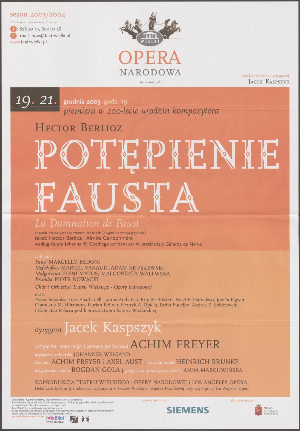 Afisz. „Potępienie Fausta” Hector Berlioz 19-12-2003