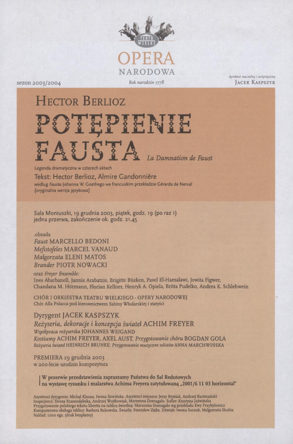 Wkładka obsadowa. „Potępienie Fausta” Hector Berlioz 19-12-2003