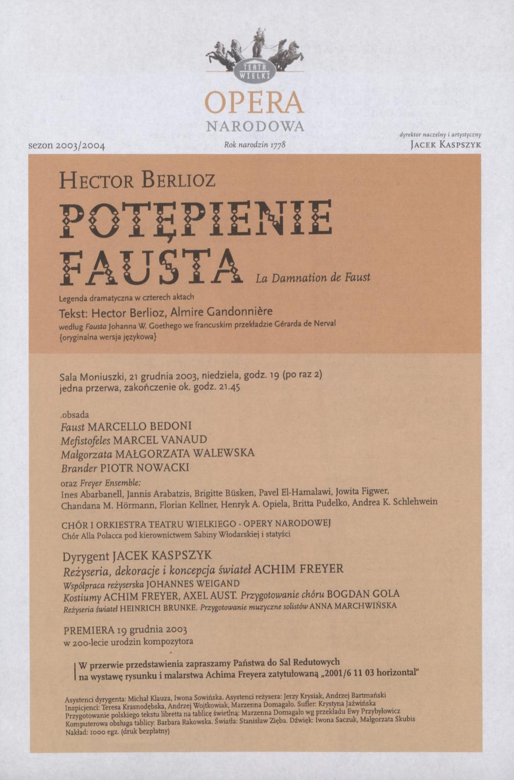 Wkładka obsadowa. „Potępienie Fausta” Hector Berlioz 21-12-2003