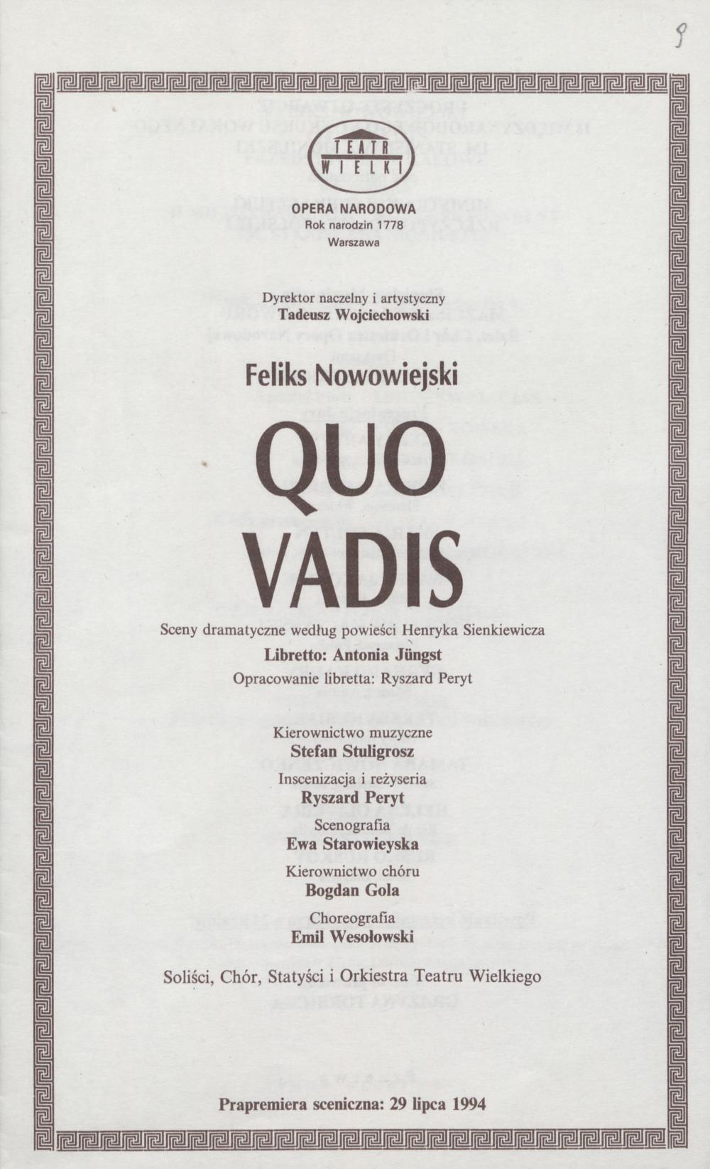 Wkładka obsadowa „Quo Vadis” - Feliks Nowowiejski 21-04-1995 - uroczyste Otwarcie II Międzynarodowego konkursu Wokalnego Imienia Stanisława Moniuszki