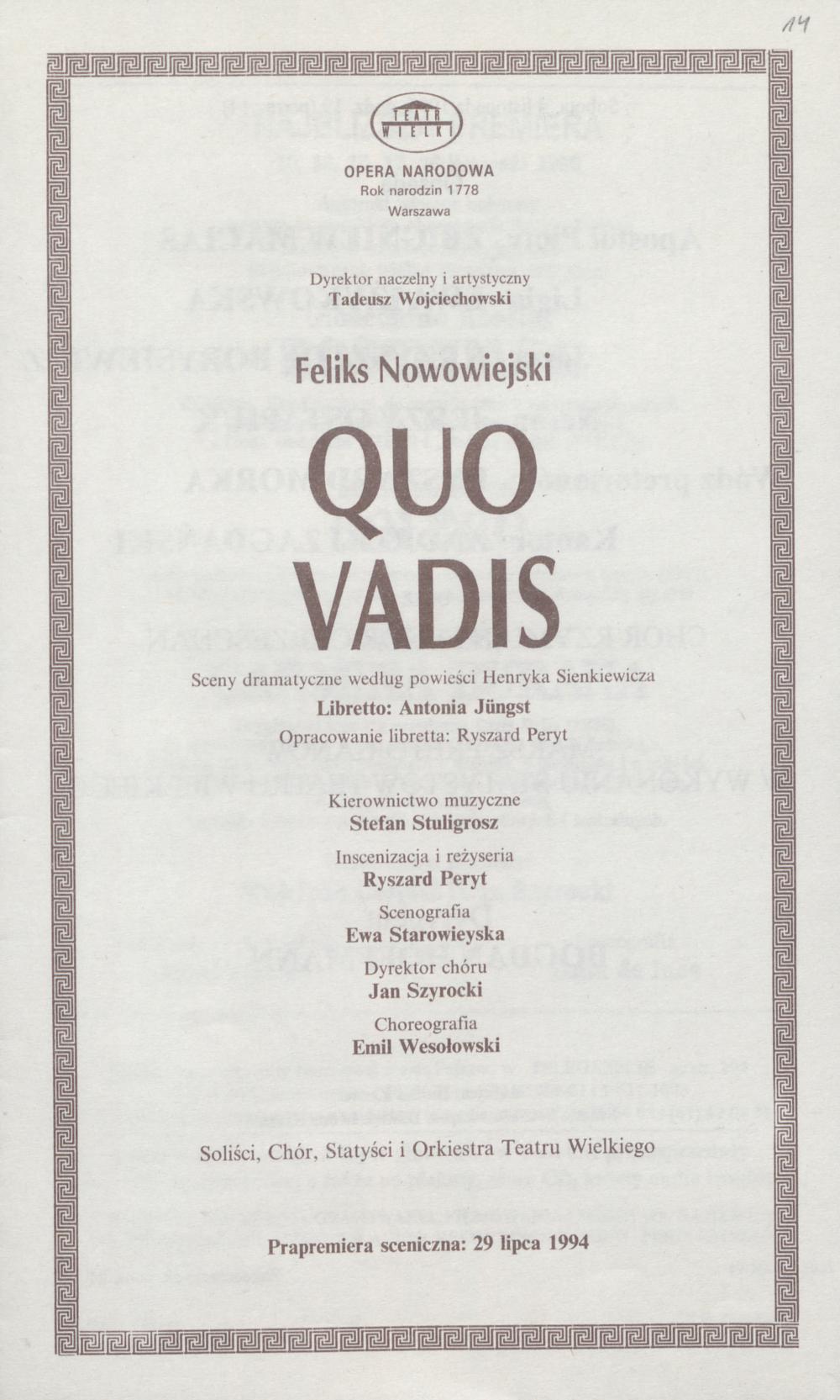 Wkładka obsadowa „Quo Vadis” - Feliks Nowowiejski 04-11-1995