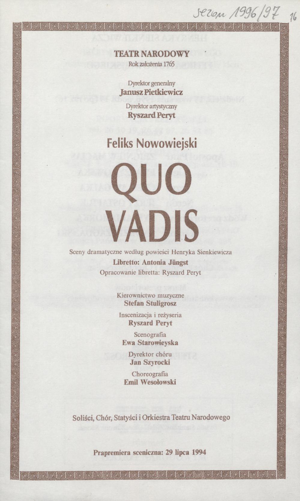 Wkładka obsadowa „Quo Vadis” - Feliks Nowowiejski 15-09-1996 - 100-lecie „Quo Vadis” Henryka Sienkiewicza - 50 Lecie śmierci Feliksa Nowowiejskiego