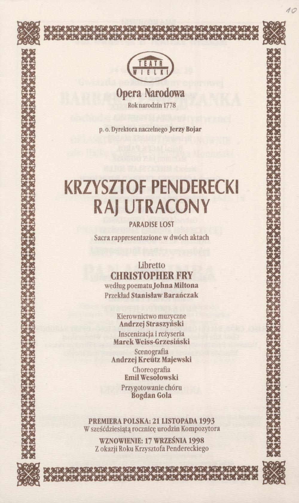 Wkładka obsadowa „Raj Utracony” Krzysztof Penderecki 19-09-1998