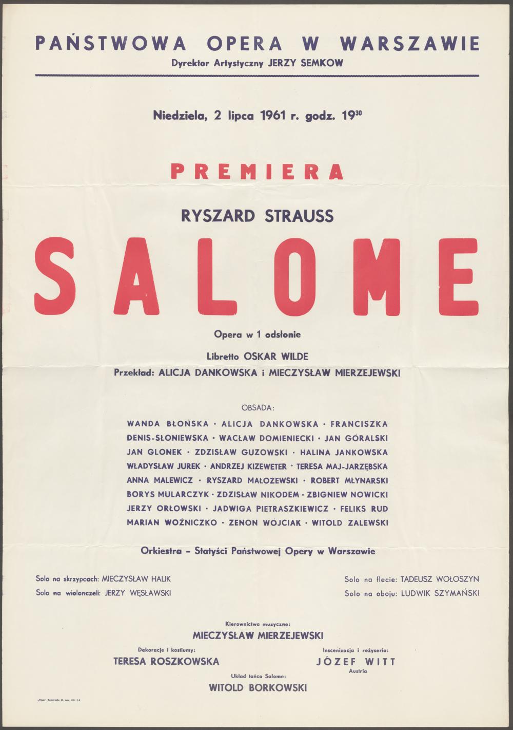 Afisz premierowy„Salome” Richard Strauss 02-07-1961